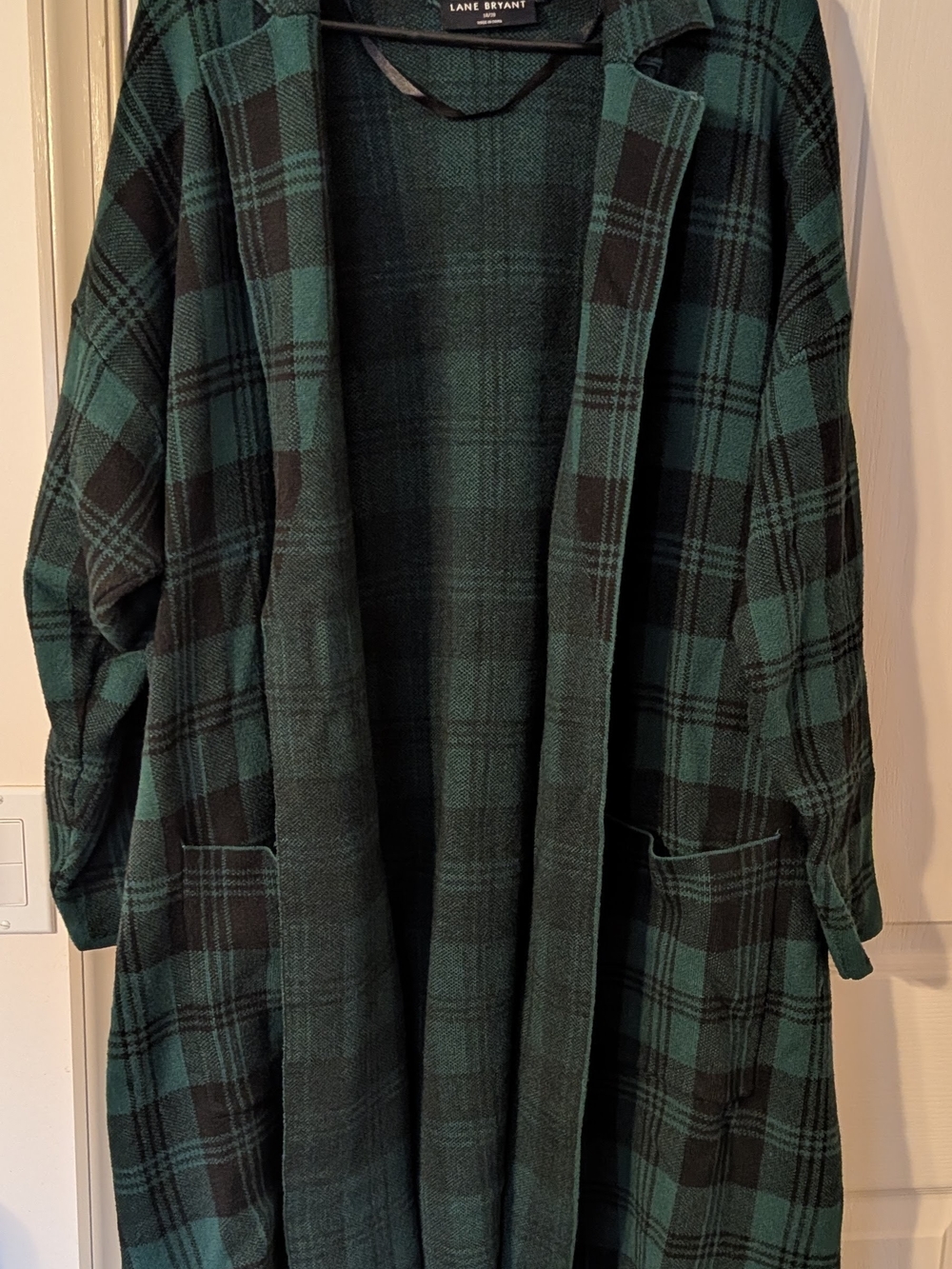 Lane Bryant Green and Black Plaid Open Coatigan